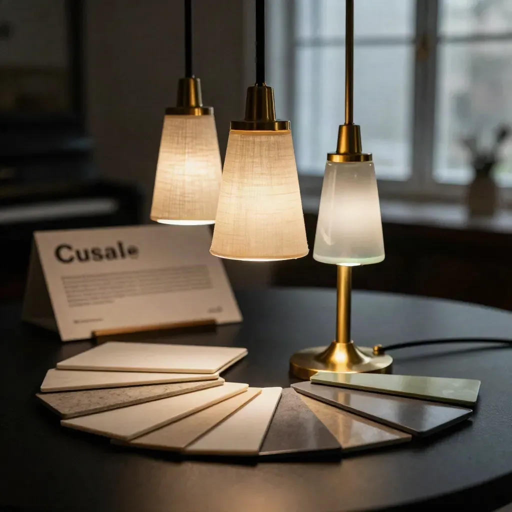 Lampada da ville in vetro opalino e ottone con campioni luce su fondo scuro.