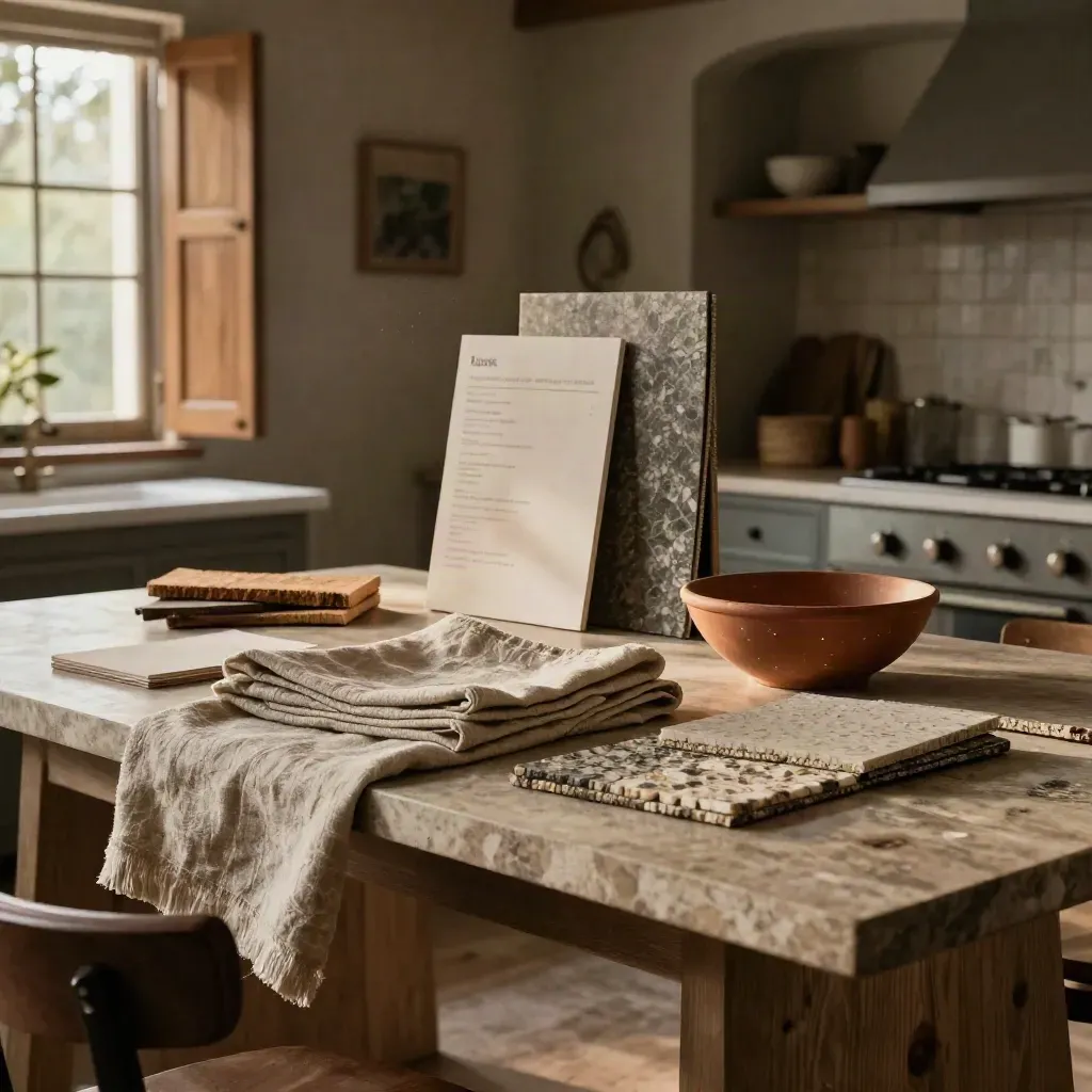 Case aperto per rinnovo casa di campagna su travertino, con campioni, lino e terracotta.