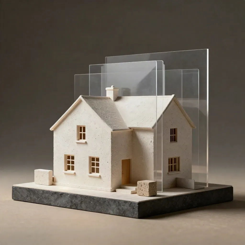Maquette architettonica in gesso con piani acrilici e campioni materici su base scura.