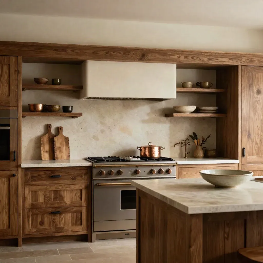 Cucina country su misura in rovere con alzata in pietra, mensole aperte e dettagli in rame.