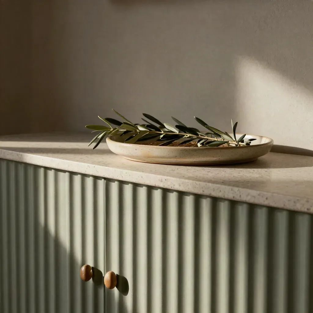 Credenza bassa salvia scanalata con ceramiche e vassoio intrecciato in luce radente