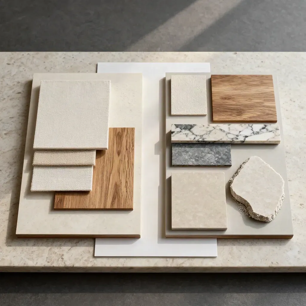 Flat lay dall’alto di moodboard con campioni materici, legno e pietra su travertino chiaro.