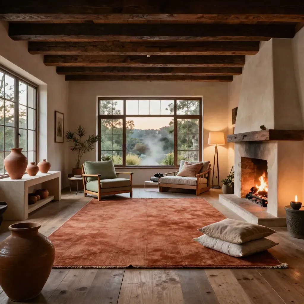 Interno rustico finito con tappeto terracotta, poltrone salvia, camino acceso e luci al crepuscolo.