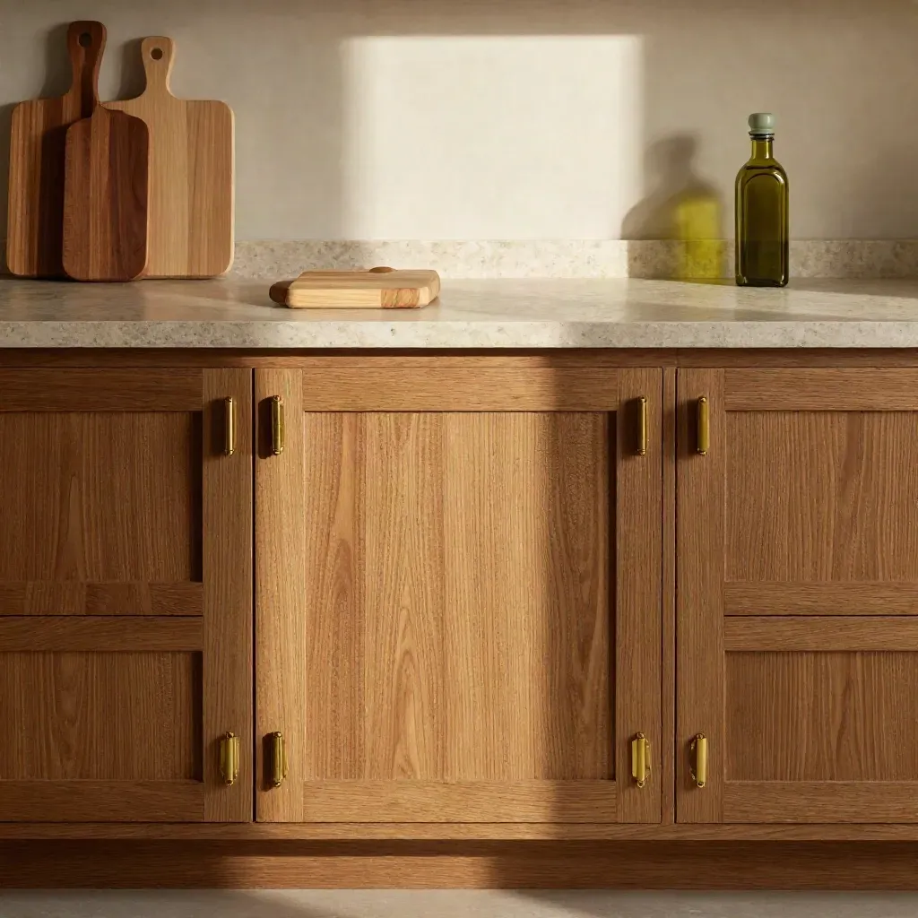 Flat lay di cucina country con frontali in rovere, piano in pietra e dettagli in ottone.