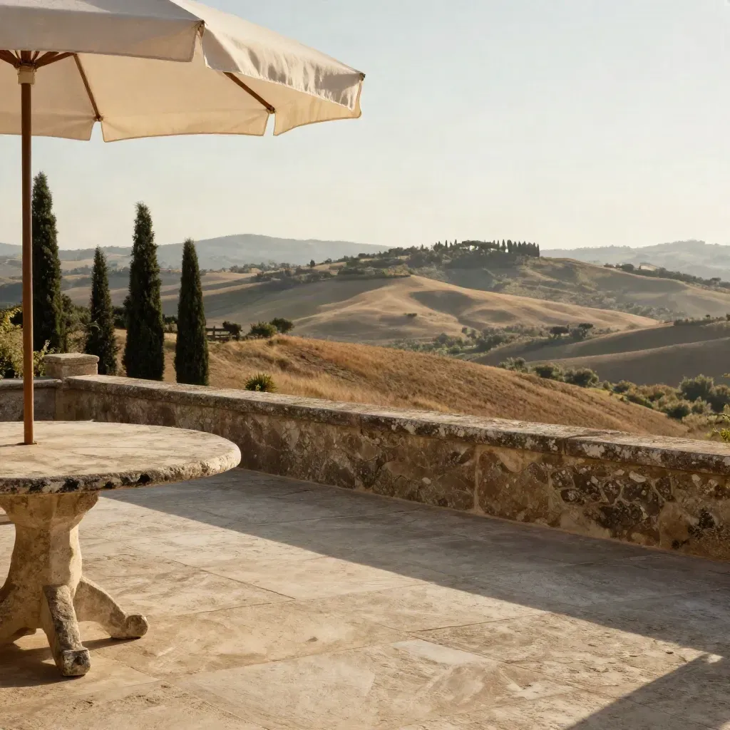 Terrazza toscana al tramonto con tavolo in pietra, lino e cipressi lontani.