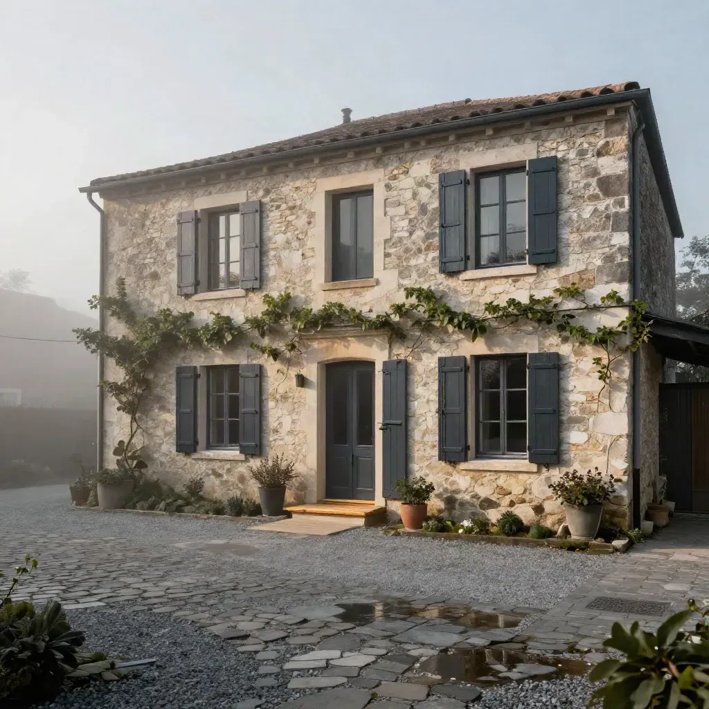 Cortile di casale in pietra con scuri aperti, ghiaia e nebbia mattutina in sollevamento.
