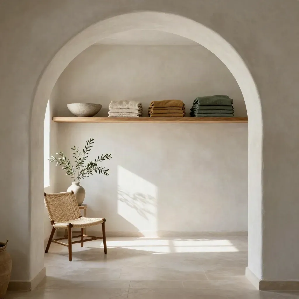 Salotto ad archi in intonaco con sedia in intreccio, ulivo e tessili neutri